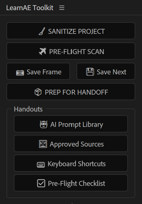 The LearnAE Toolkit panel docked in After Effects, showing Sanitize Project, Pre-Flight Scan, Save Frame, Save Next and Prep For Handoff above four handout shortcuts.